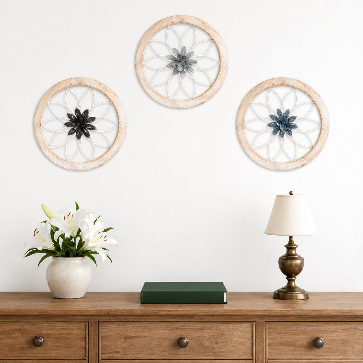 Paquesta 3 Piece Round Farmhouse Wall Decor with 6 Piece Interchangeable Flowers 12'' Medallion Wood & Metal Rustic Wall Art for Living Room Bedroom Kitchen Bathroom Dining Room Home Decorations