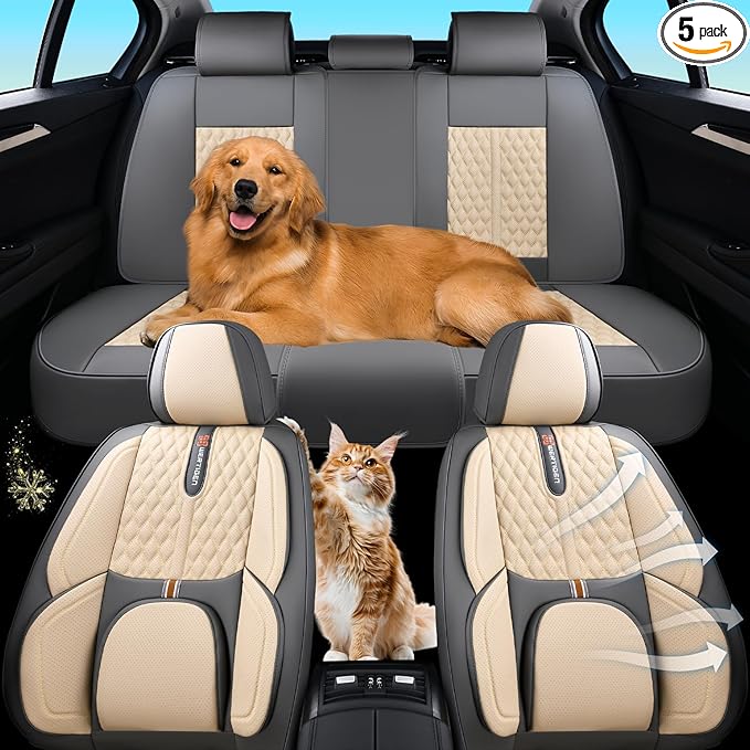 Khaki Car Seat Cover Complete Set, Universal Car Seat Cover for Car with Lumbar Support, Premium Artificial Leather, Waterproof and Easy to Clean, Airbag Compatible, Seat Heating Compatible
