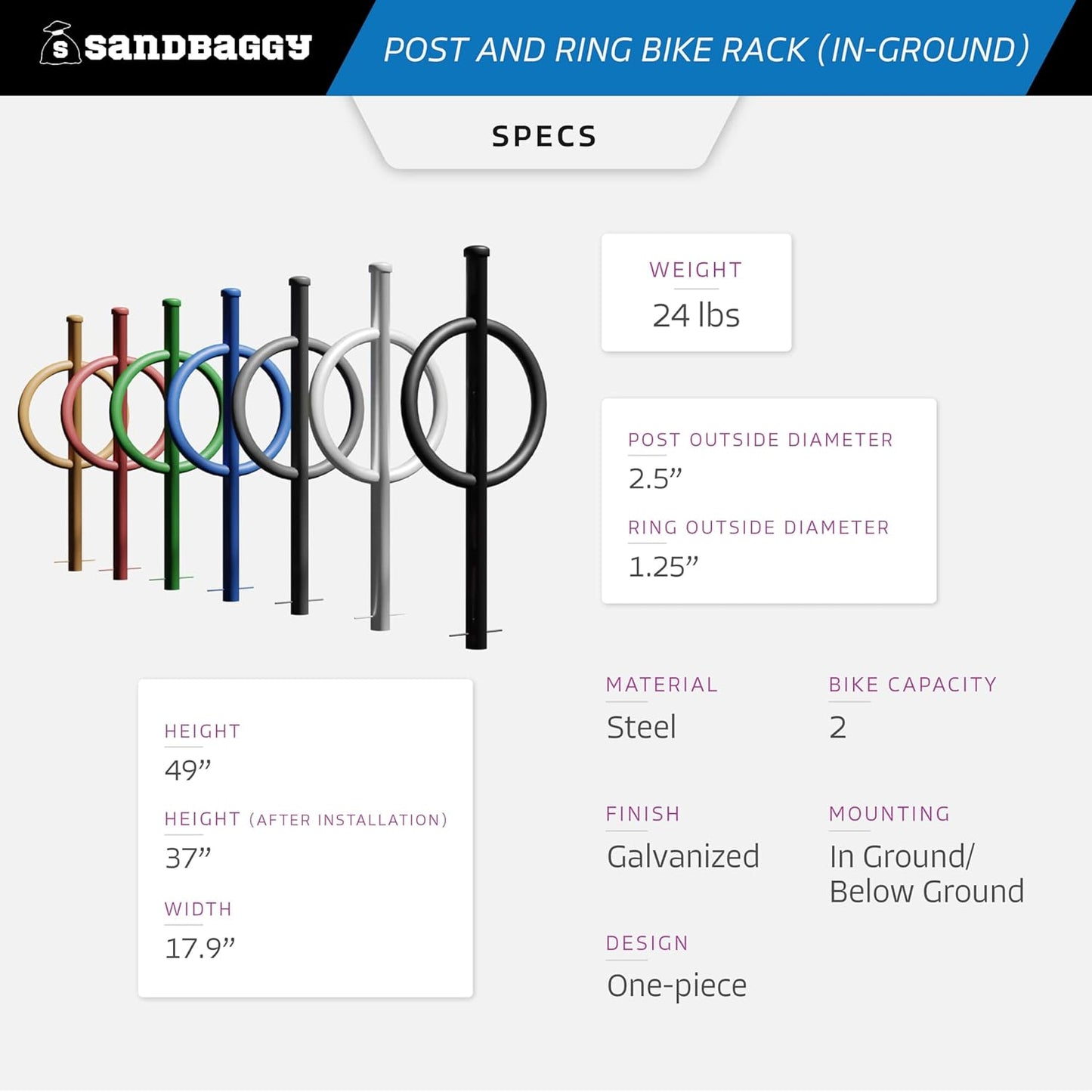 Sandbaggy Post and Ring Rack - In Ground - Commercial Outdoor Bike Parking & Storage Racks (Green, 10)
