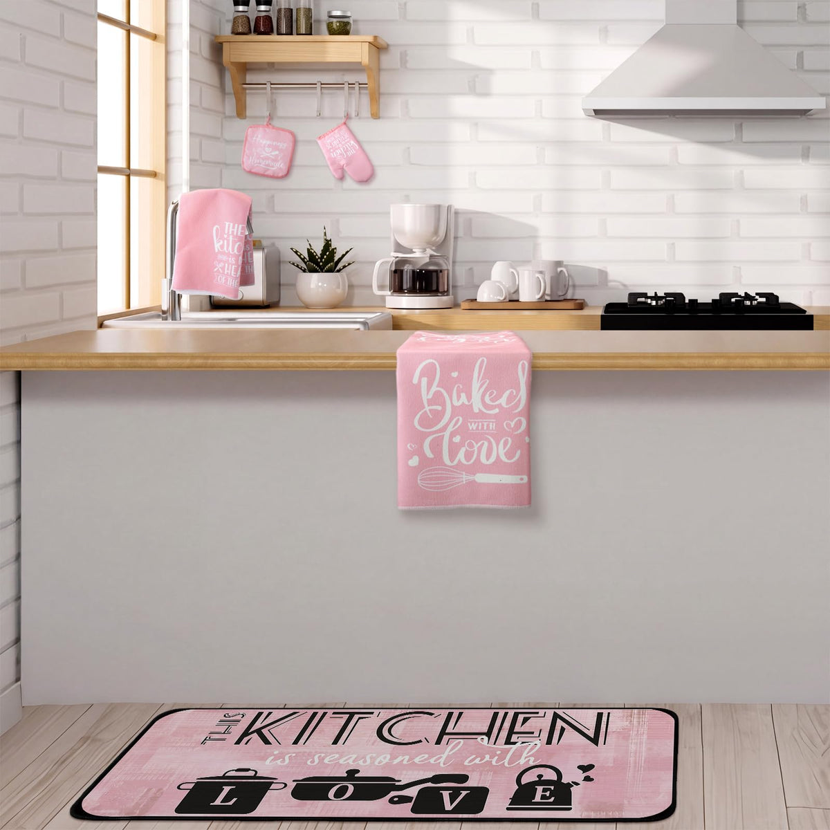Sratte 10 Pcs Kitchen Decor Accessories Set 4 Kitchen Dish Towels 2 Pot Holders 2 Oven Mitts 2 Rugs for Cooking Baking BBQ Housewarming Gifts(Pink,Abstract)