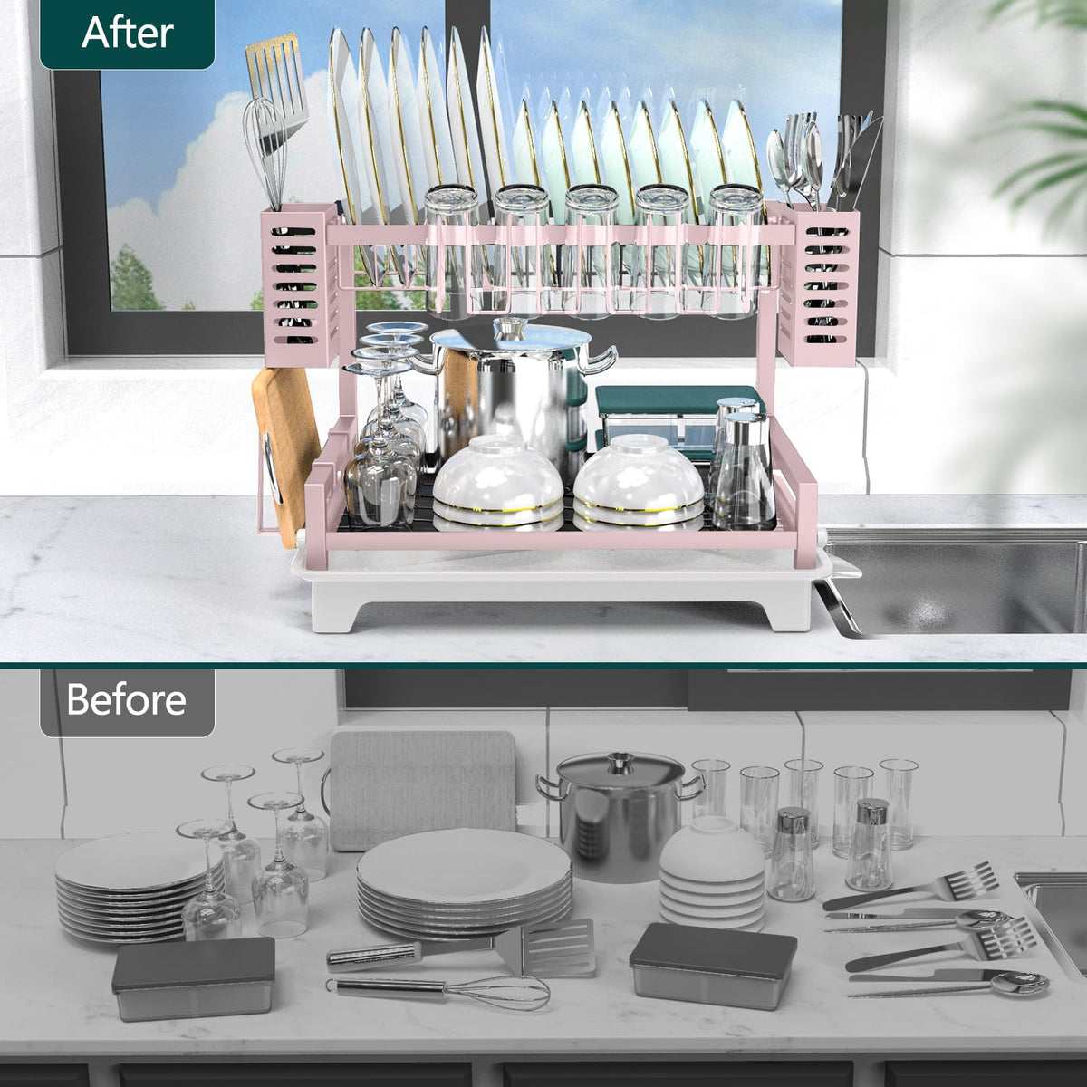 B-Land Dish Drying Rack, Rust-Proof 2 Tier Dish Racks for Kitchen Counter