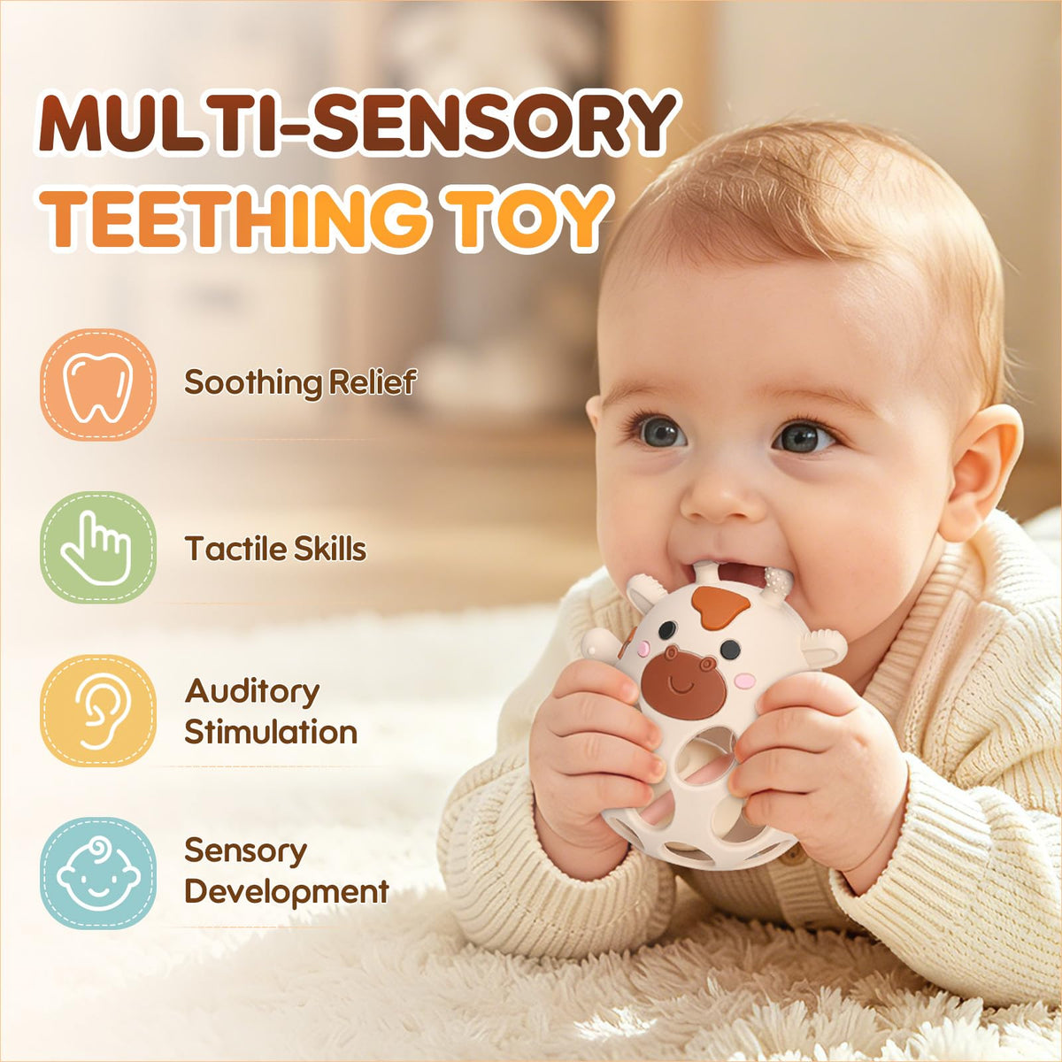 2-in-1 Baby Teething Rattle Toys, Silicone Teethers for 3-6 6-12 Months