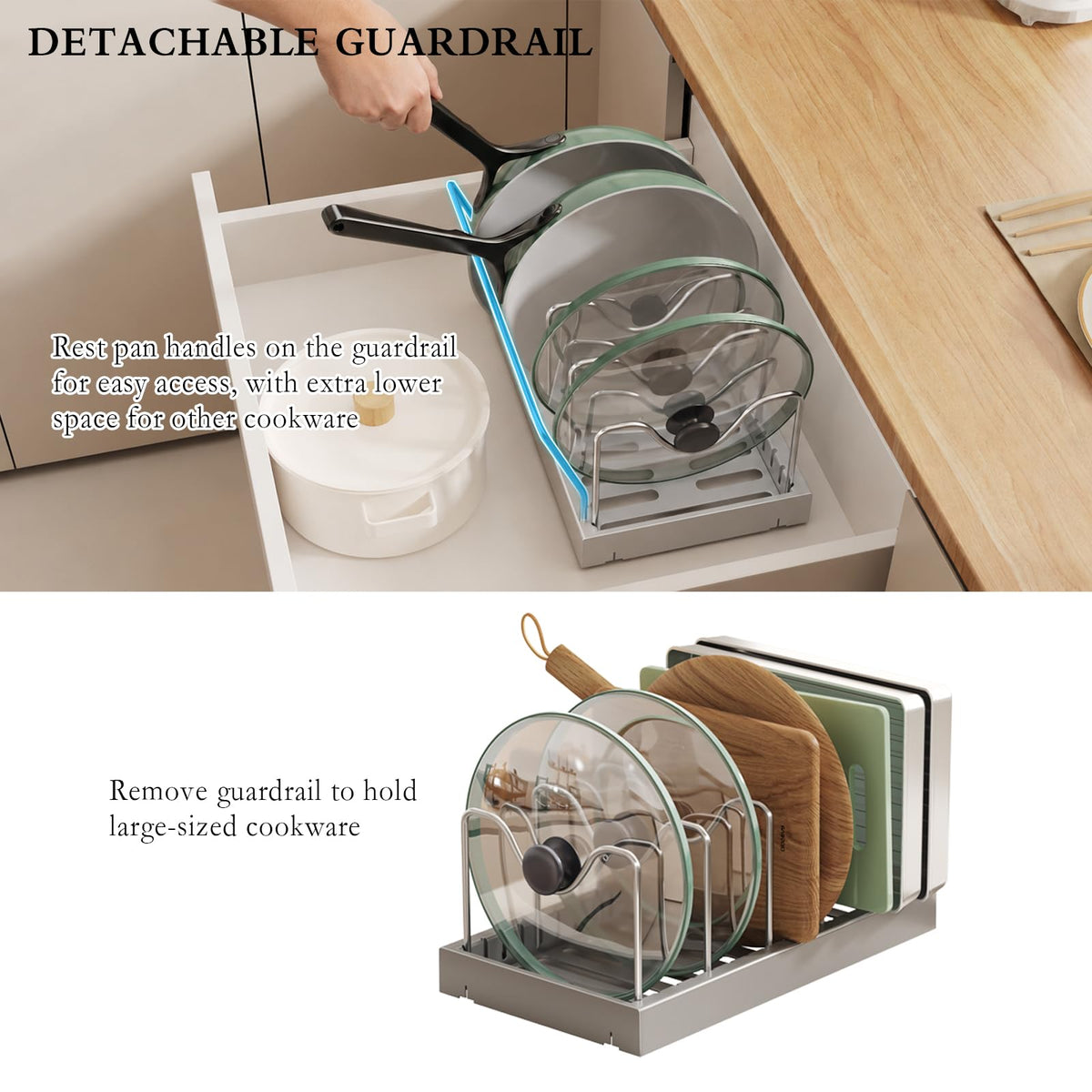CICUFY 2 Pack Pots and Pans Organizer Under Cabinet, 23" Pot Lid Holder Rack Inside Cabinet with 10 Adjustable Dividers, Pan Lid Organizer with Guardrail For Kitchen Countertop, Gray