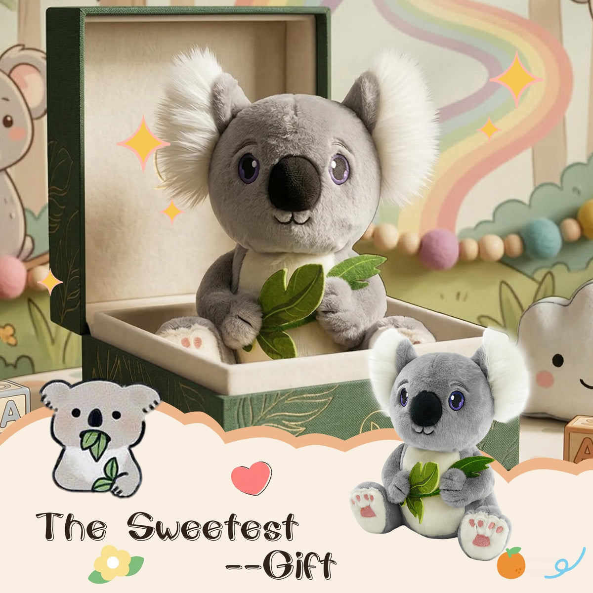 JUSTQUNSEEN Koala Stuffed Animal Plush Toy with Eucalyptus Leaf 10 Inch Cute Soft Koala Bear Plushies Safe Embroidered Eyes Zoo Animals Decor Birthday for Kids Toddlers Boys Girls