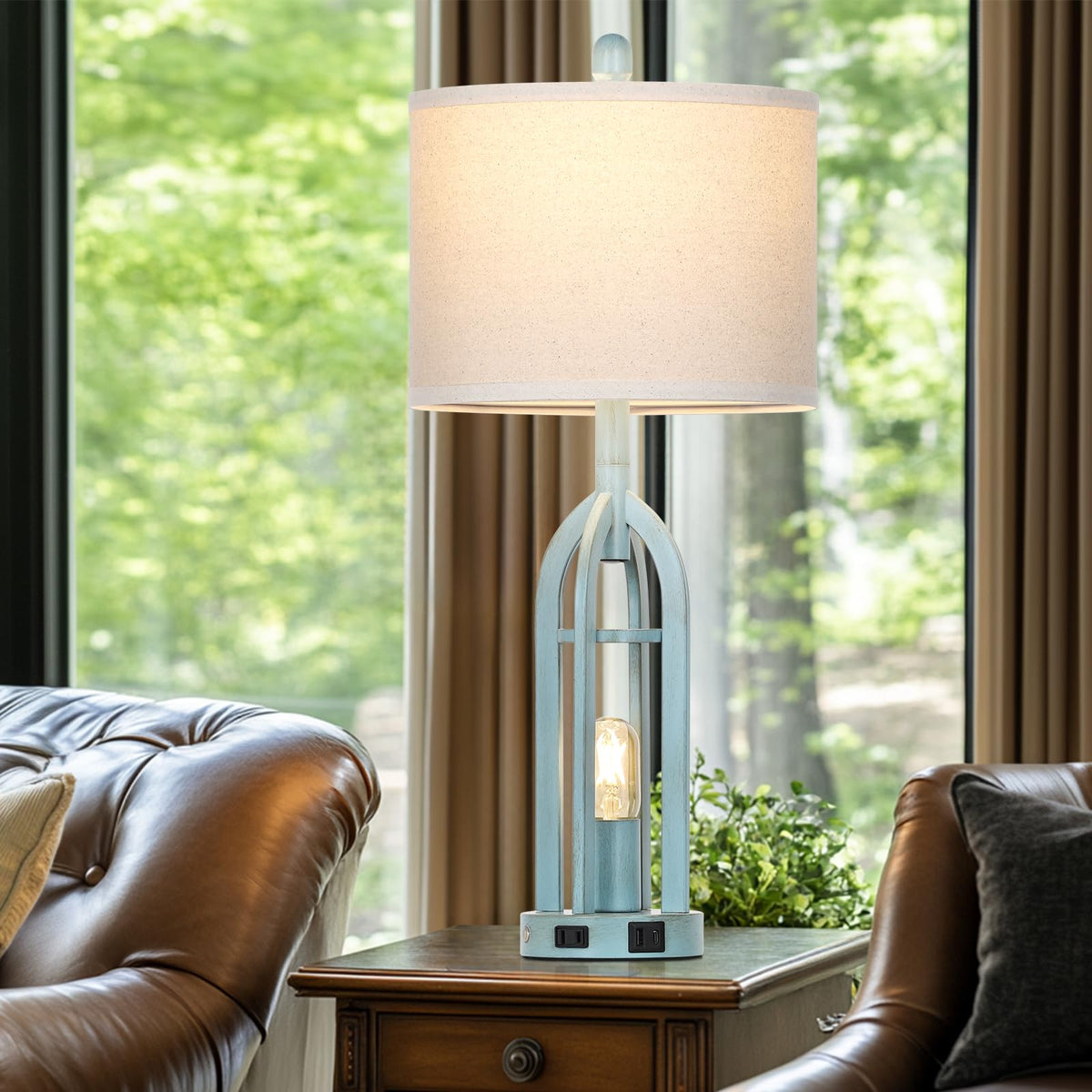 Cinyirong 27" Industrial Farmhouse Table Lamp,Vintage Rustic Blue Beside Lamp with USB A+C Charging Ports & AC Outlet, Metal Nightstand Lamp with LED Night Light for Bedrooms (2 LED Bulbs Included)