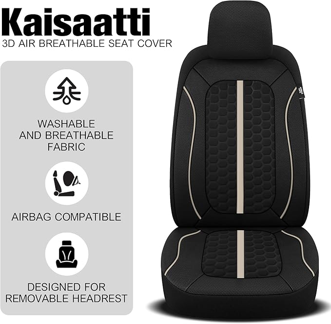 Breathable Premium Car Seat Covers Full Set，3D Air-Mesh Seat Covers for Cars，Comfortable Safety Airbag Compatible，Universal for Most Cars Sedan Truck SUV(Black/Beige)