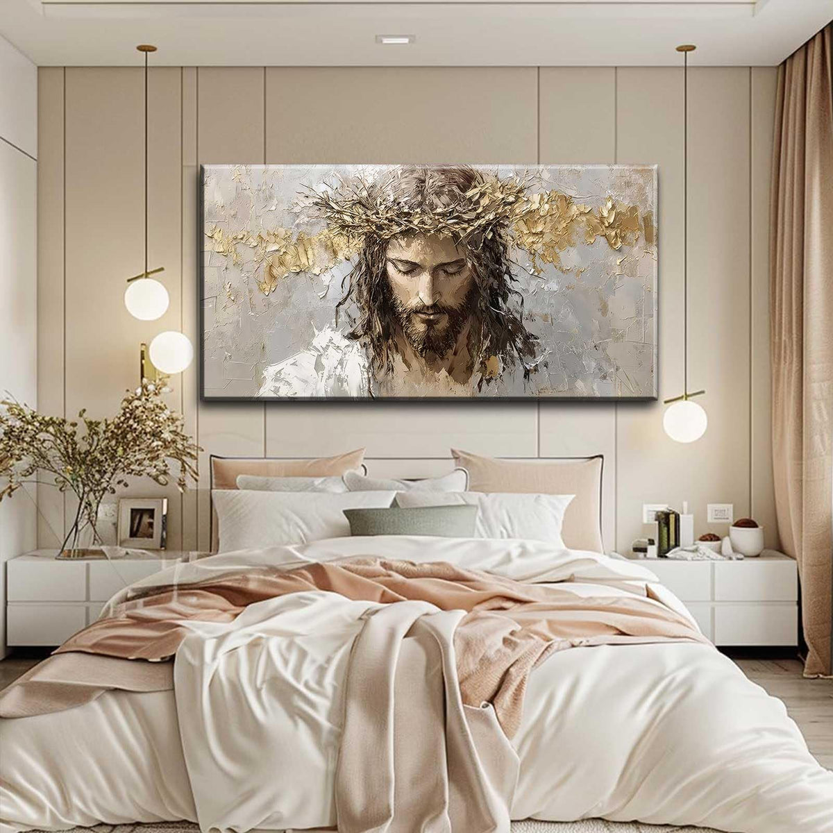 Large Jesus Portrait Canvas Wall Art Abstract Gold Thorns Jesus Painting Decor Pictures Beige Gray Christian God Posters Prints for Dining Living Prayer Room Kitchen Church Wall Bedroom Decoration