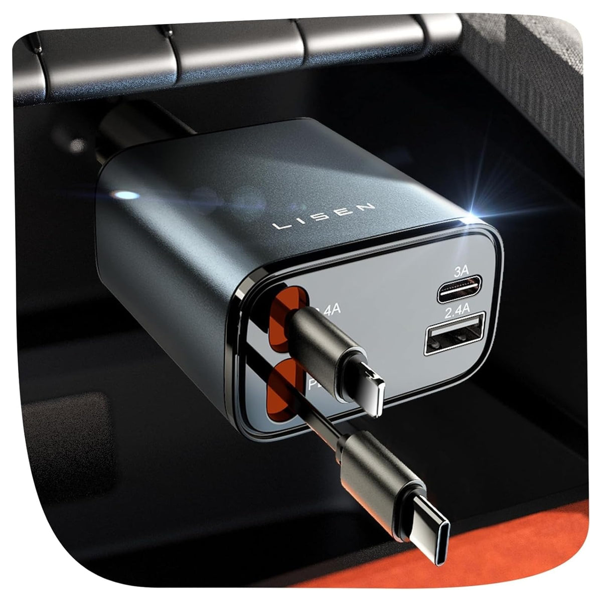 LISEN Retractable Car Charger, 84W Car Charger USB C Fast Charge,4 in 1