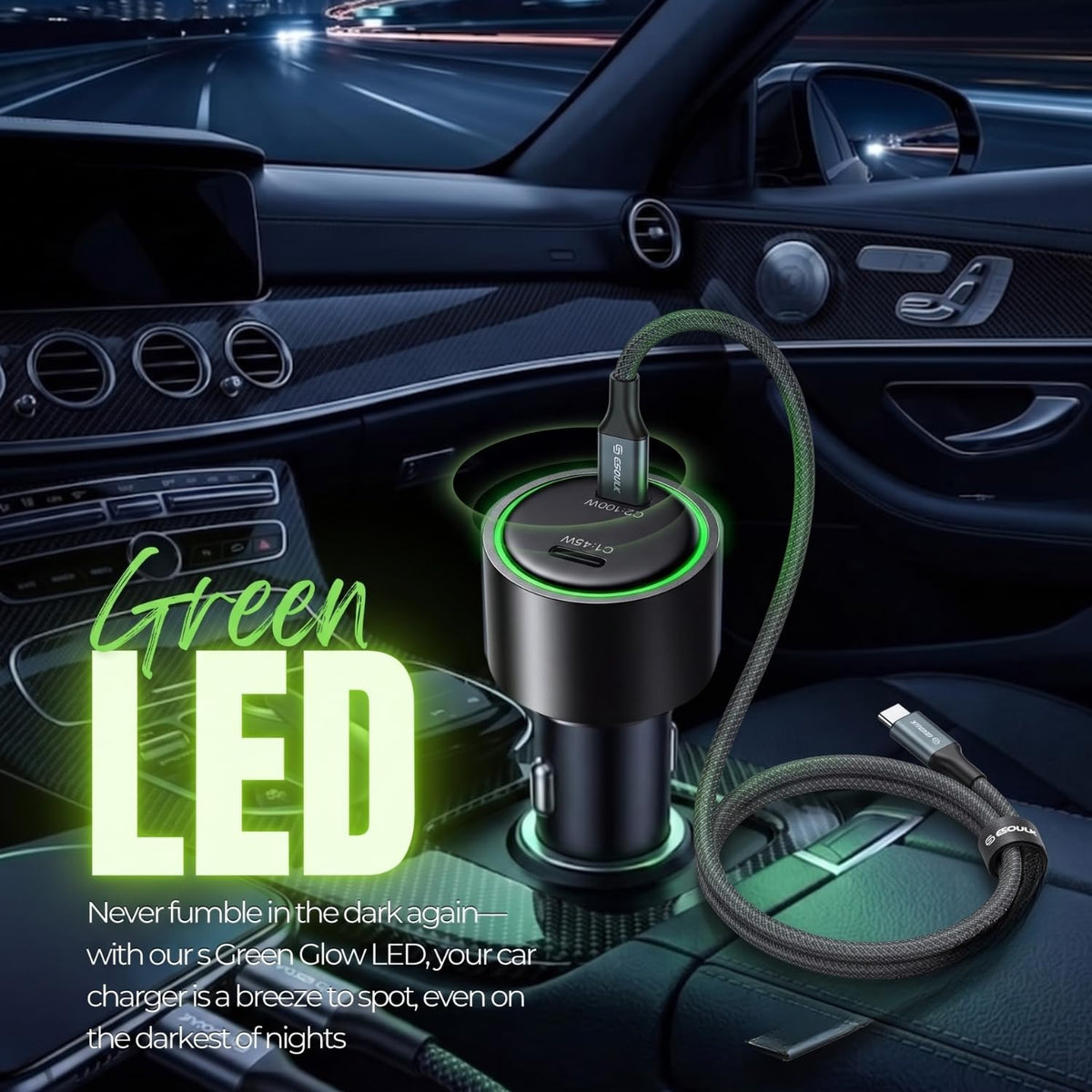 ESOULK 145W USB C Car Charger Charges Two Devices with 100W and 45W Outputs