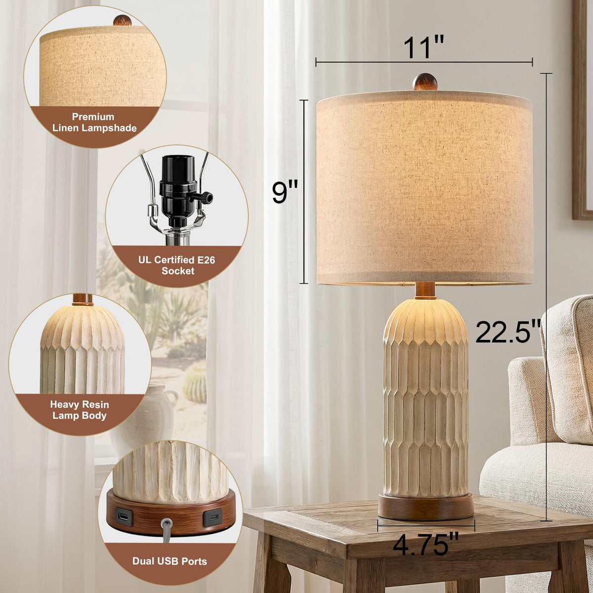 OYEARS 22" Bedside Table Lamps Set of 2, Farmhouse Lamp with USB A+C,Brown