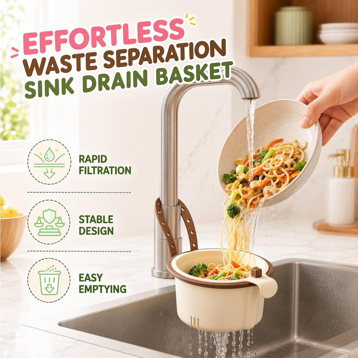 Sink Filter Basket, Kitchen Sink Strainer Basket with Self-Cleaning & One-Touch Press, Hanging Sink Drain Basket for Draining, Washing, Storage, 5.7x5.1x3.5 Inches (Green)
