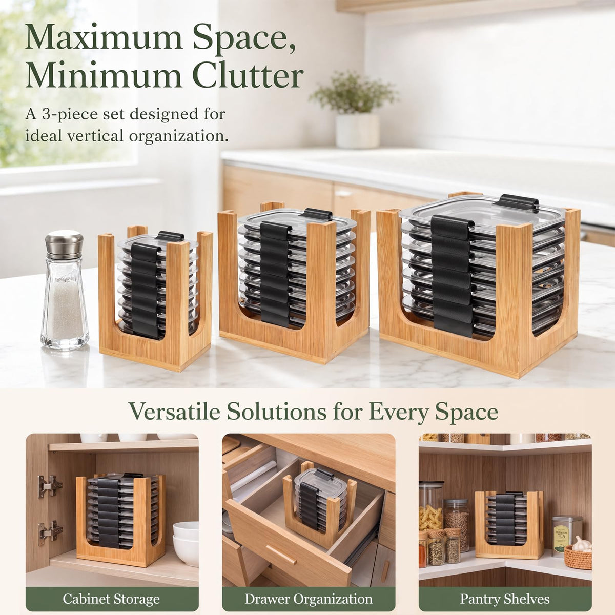Ojanoot 3 PCS Bamboo Lid Organizer for Rubbermaid Brilliance, Food Storage Container Lid Holder Rack, Kitchen Cabinet Countertop Storage, Fits 0.5, 1.3, 2.85, 3.2, 4.7, 6.6, 7.8, 12 & 16 Cup Lids