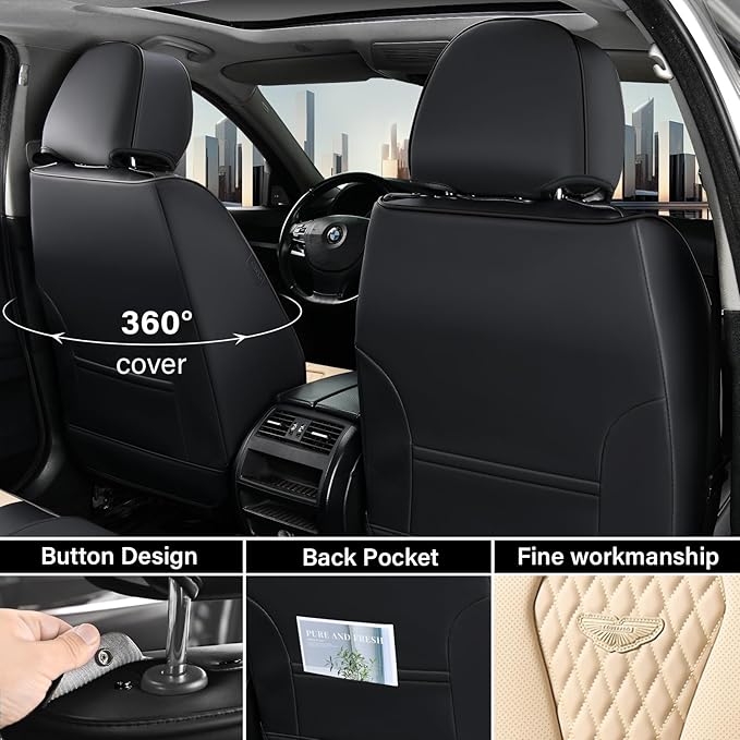 Coverado Automotive Seat Covers Front Seats, Seat Covers 2 Pack, Beige Car Seat Cover, Waterproof Auto Seat Covers, Car Seat Cushion, Front Car Seat Covers Leather Car Seat Protector Fit for Most Cars