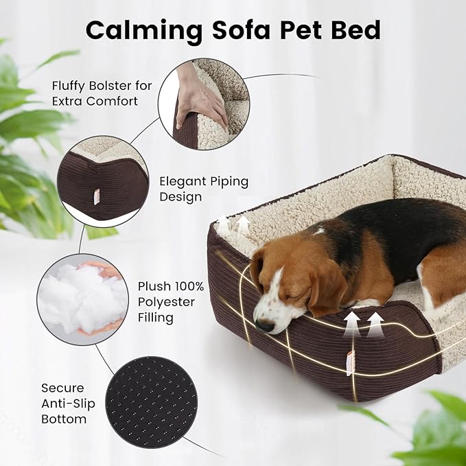 Miguel Washable Dog & Cat Bed with Removable Cushion for Medium & Small Dogs, Easy to Wash Pet Sofa Bed with Side Bolster, Anti-Slip Bottom, Brown, 30 Inch Rectangle