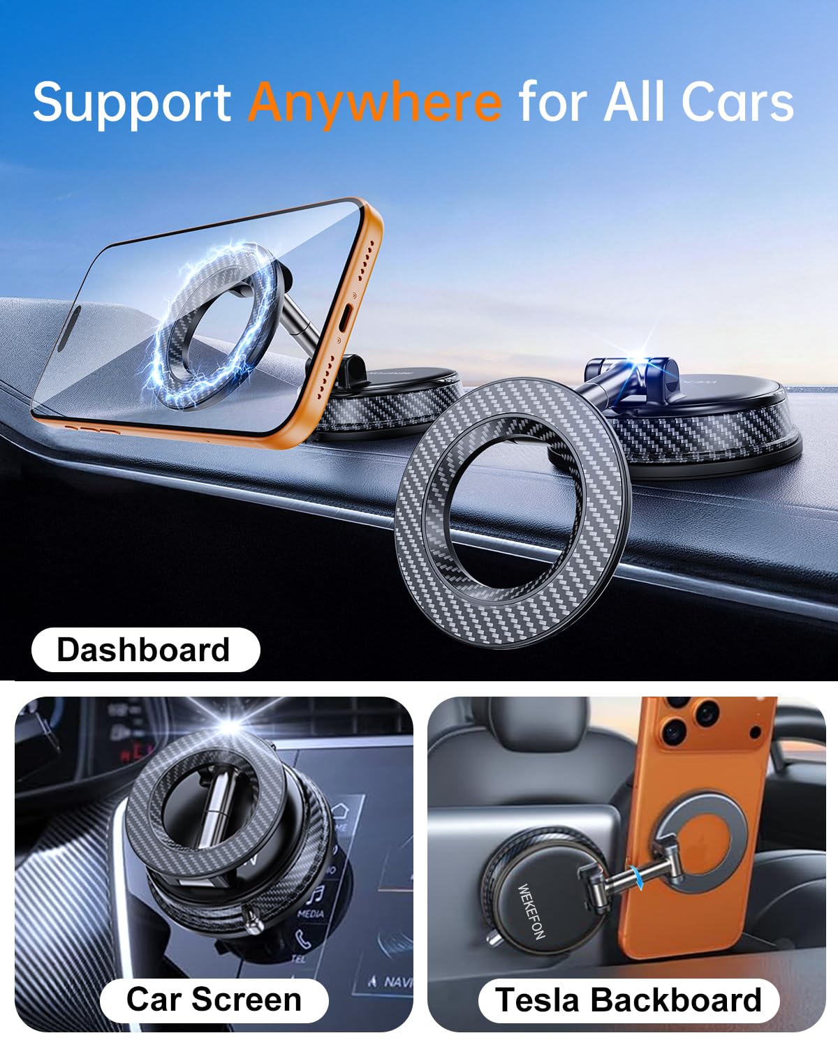 Upgraded Car Phone holder for Magsafe [120LBS Suction Cup & 3000gf Magnet ] 1100° Adjustable Vacuum Magnetic Phone Holders for Your Car, Dashboard Car Mount Bracket for iPhone & Android, Carbon Fiber