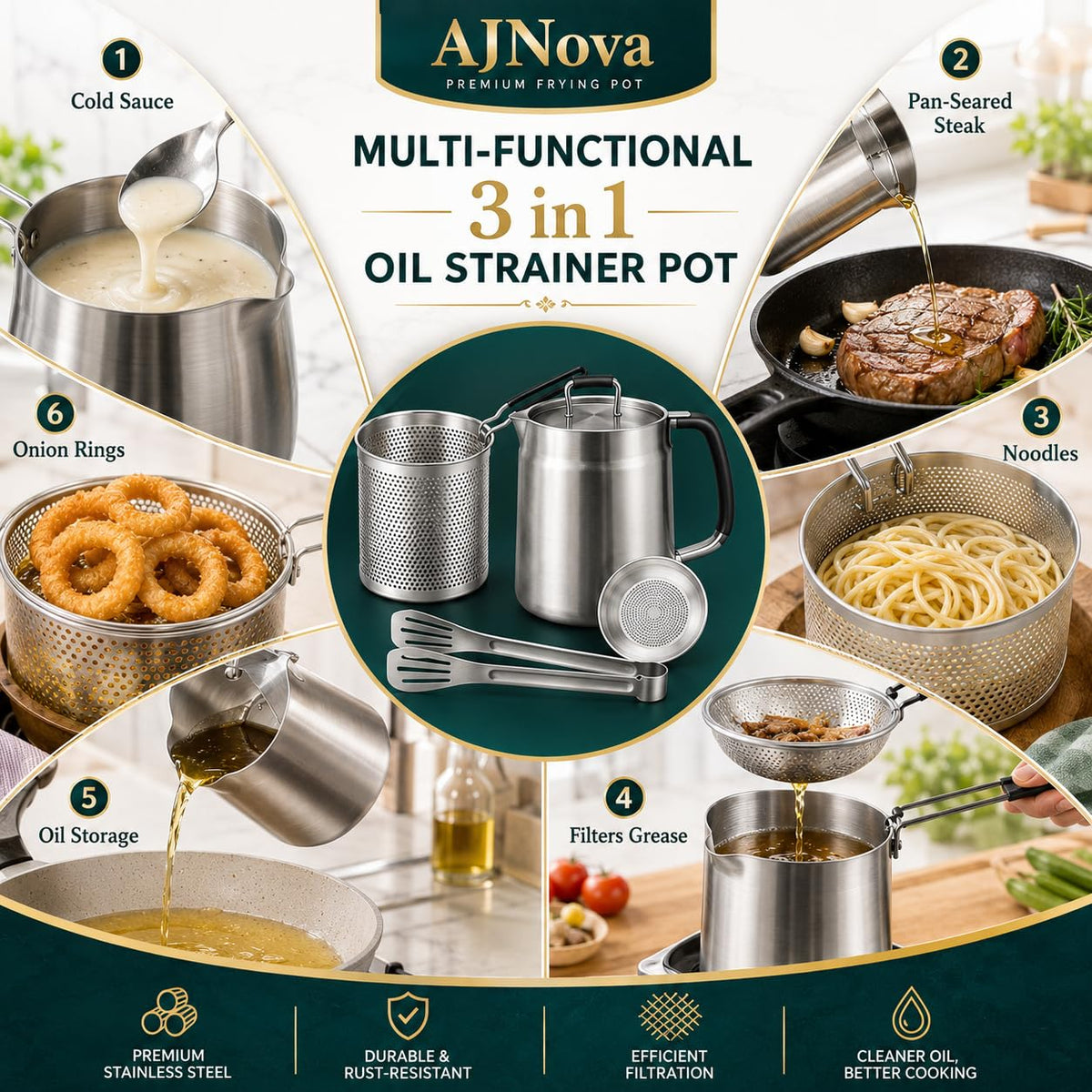 68oz 3-in-1 304 Stainless Steel Oil Filter Pot with Fine Mesh Oil Strainer & Tong, Heat-Resistant Handle, 2LCapacity Bacon Grease Container for Kitchen & Camping,Multi-Functional Frying Oil Container.