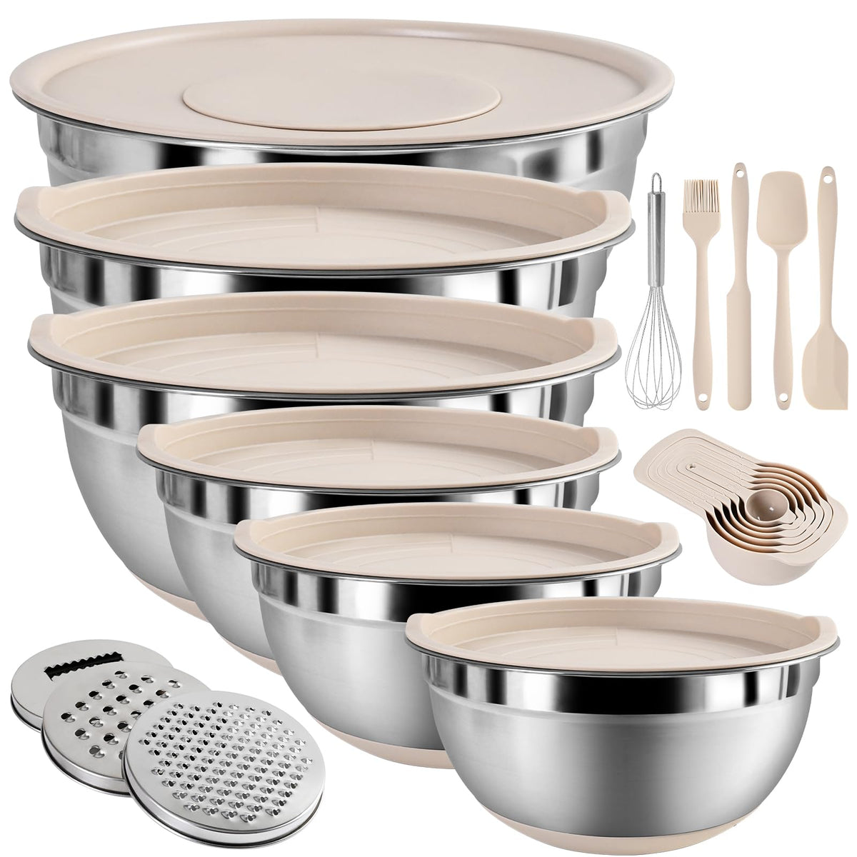 Mixing Bowls with Airtight Lids Set, Non-Slip Silicone Bottoms, Khaki