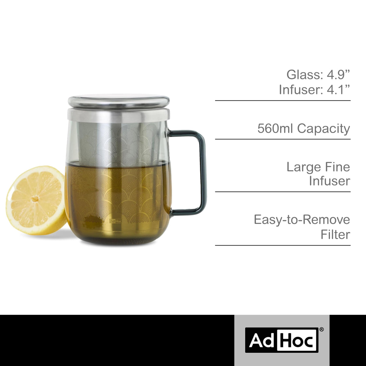AdHoc Yuna Tea Glass with Tea Infuser, Grey Glass/Stainless Steel 18.9oz