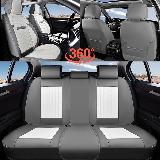 Coverado Car Seat Covers Full Set, Seat Covers for Cars, Car Seat Cover, Car Seat Protector, Leather Car Seat Cushion, Waterproof Car Seat Covers Front Seats and Back Fit for Most Cars(Gray&White)