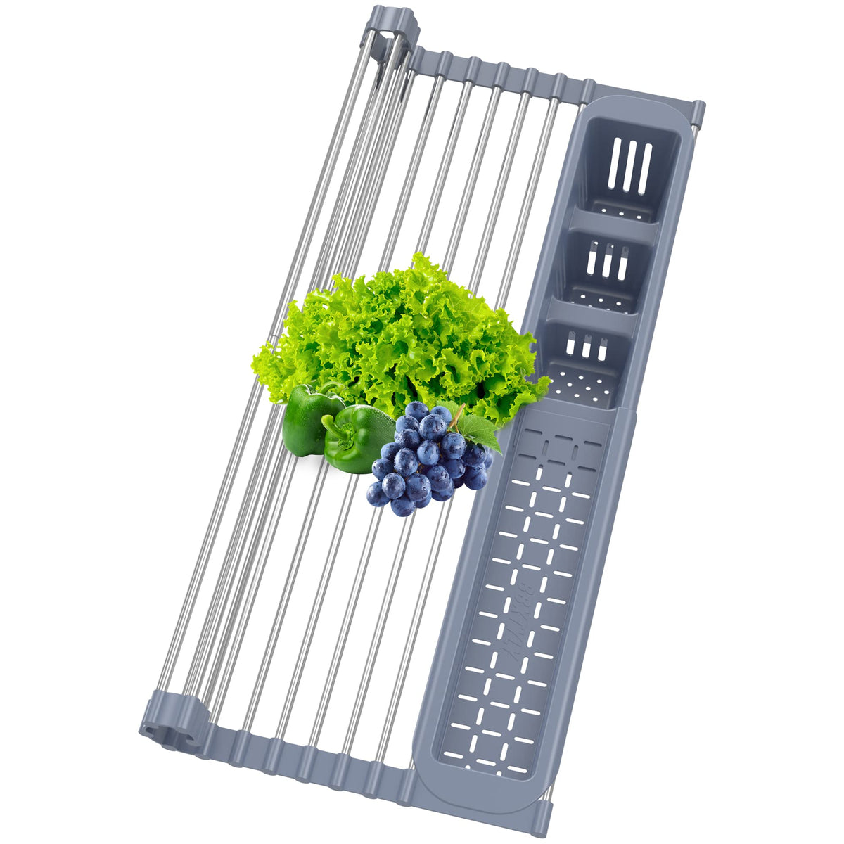 BBXTYLY Expandable Roll Up Dish Drying Rack,Over The Sink Drying Rack Sink Kitchen Accessories Rolling up Stainless Steel Drainer, Foldable with Removable Utensil Holder(Gray)