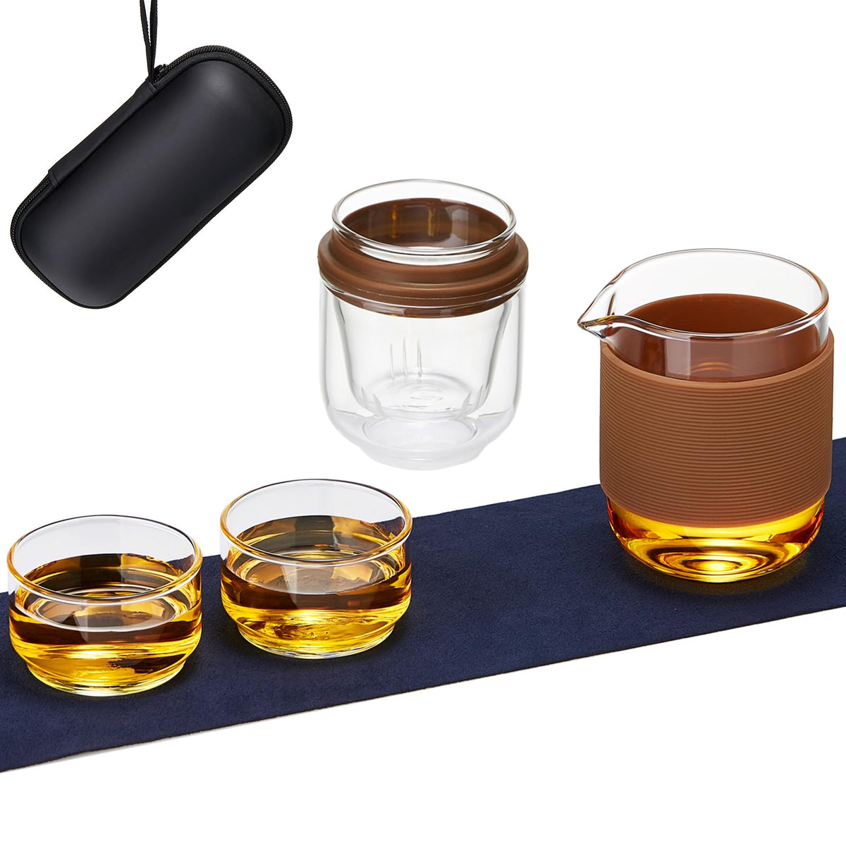 DOPUDO Glass Teacup Infuser Set, Portable Glass Tea Pot with 1 Strainer, 2 Cups, 1 Master Mug, Clear Borosilicate Glass, 5.1 oz Capacity, Brown