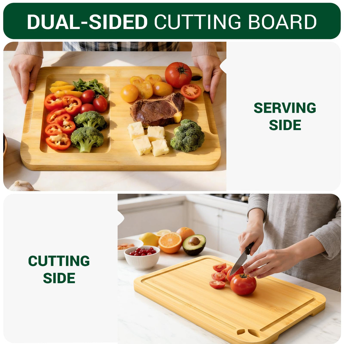 Bamboo Cutting Boards for Kitchen, Wooden Cutting Boards, 13 x 9.5 inch