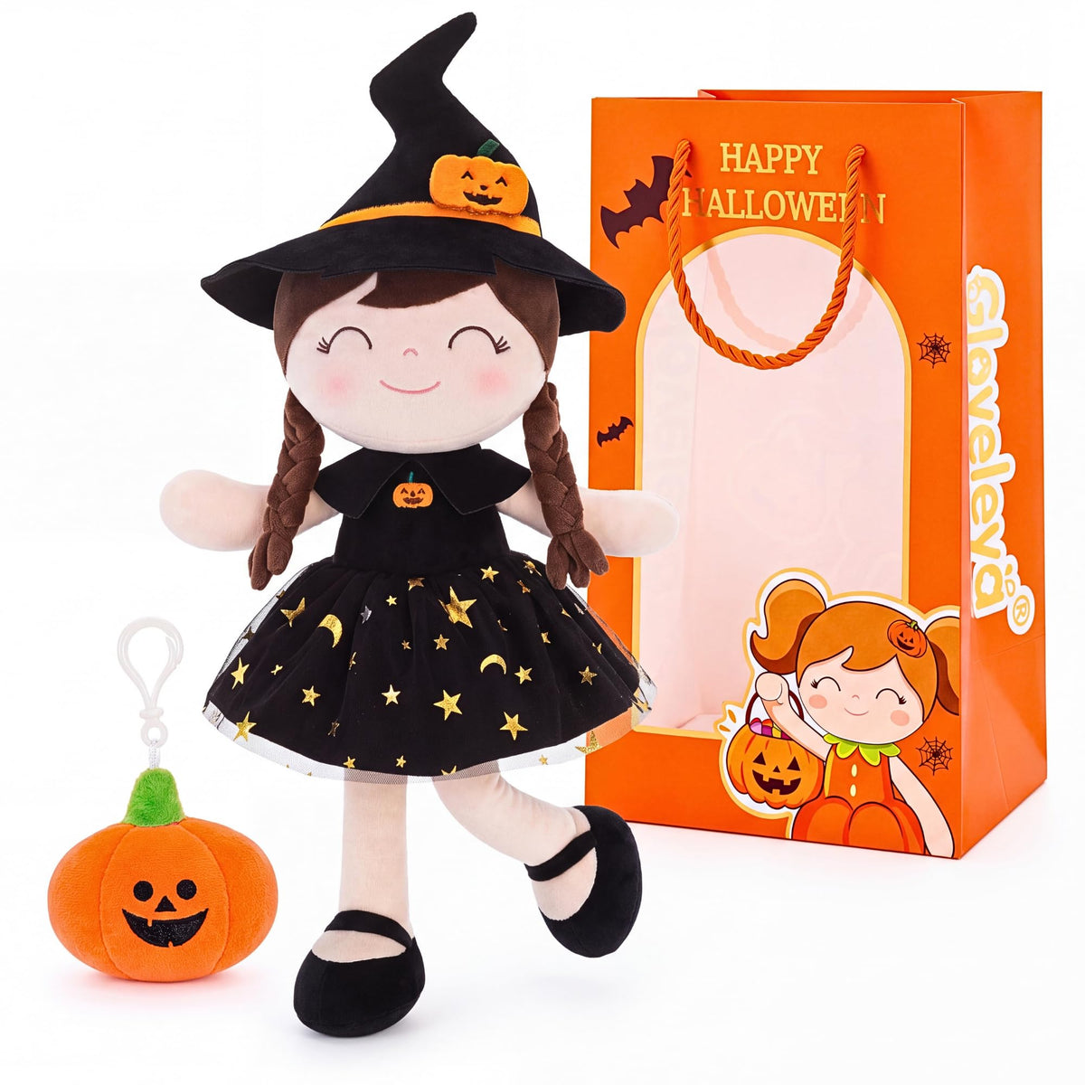 Gloveleya Halloween Soft Plush Toy, Baby Girl Gifts, Witch Doll, Black Dress, 16 Inch