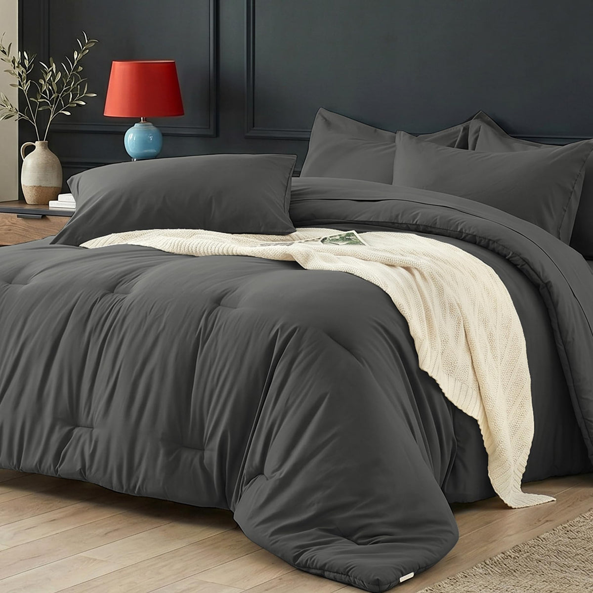 Easthome California King Comforter Set 7 Pieces, Dark Gray