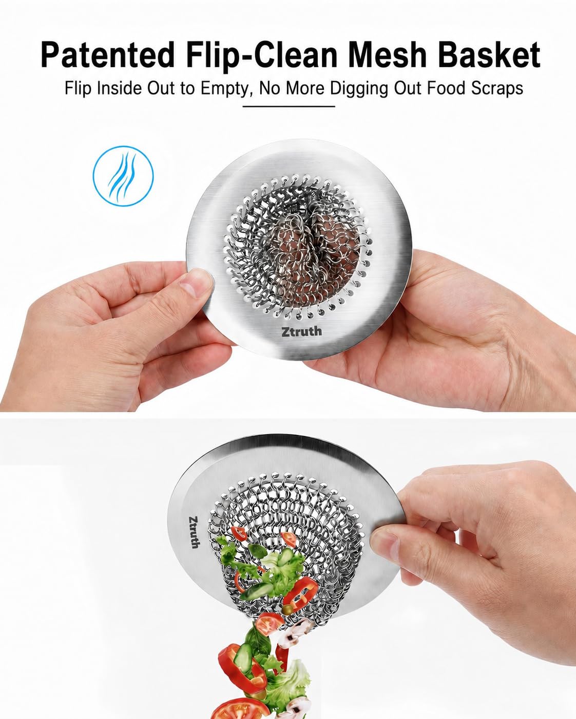 Kitchen Sink Drain Strainer, Flip-Clean Mesh Basket with Anti-Slip Ring