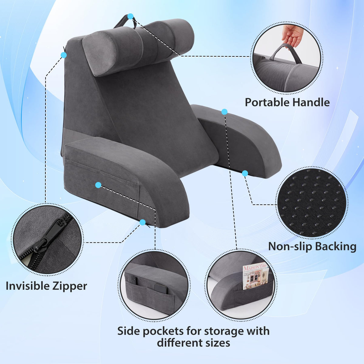 Velorose 19" Reading Pillow for Sitting Up in Bed, Flip-Up Headrest, Grey