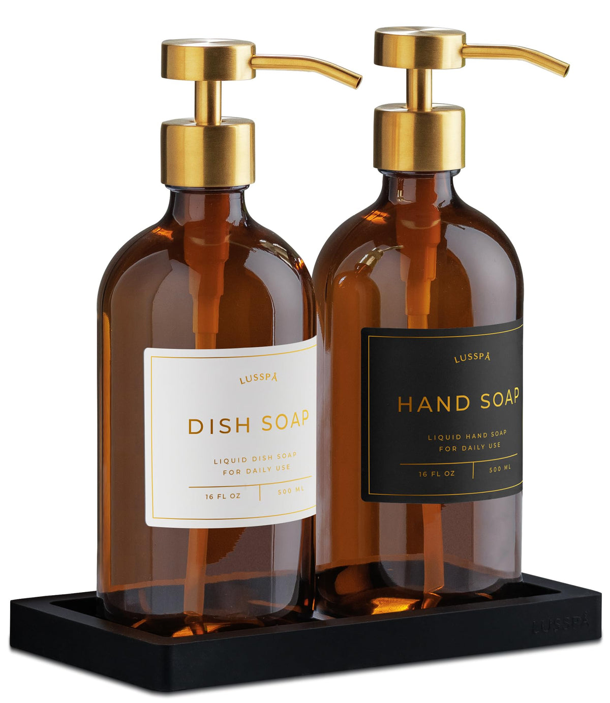 Glass Soap Dispenser Set of 2 (Amber) with Silicone Tray | Hand and Dish Soap Dispenser for Kitchen and Bathroom | 16.8 Oz Glass Bottles with Stainless Steel Pump & 15 Waterproof Labels (Amber/Gold)