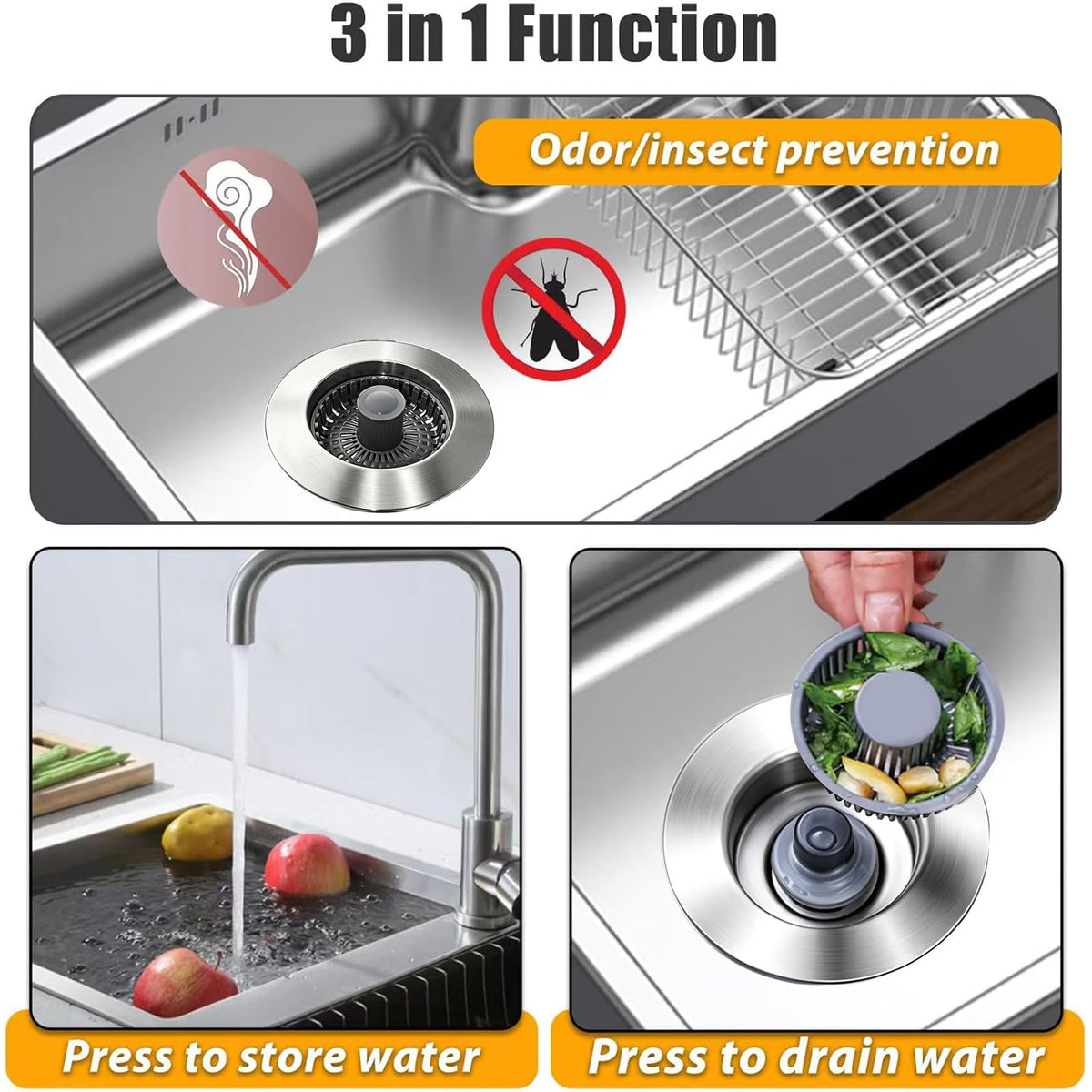 Anlige Kitchen Sink Drain Strainer, 3 in 1 Pop Up Kitchen Sink Stopper