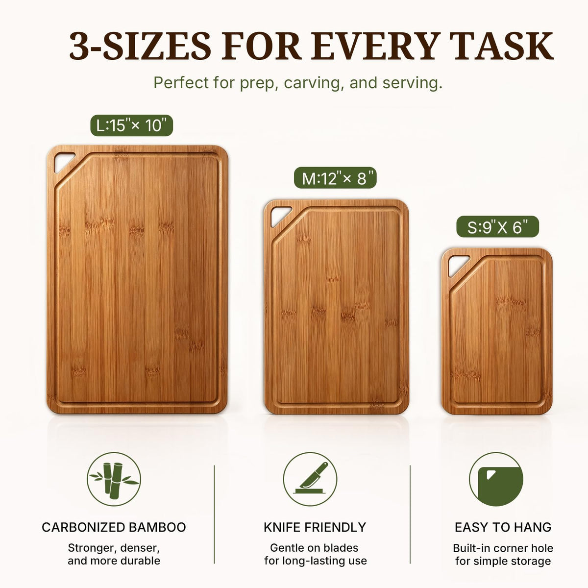 GASHELL Bamboo Cutting Board Set with Beeswax Coating for Kitchen(S+M+L)