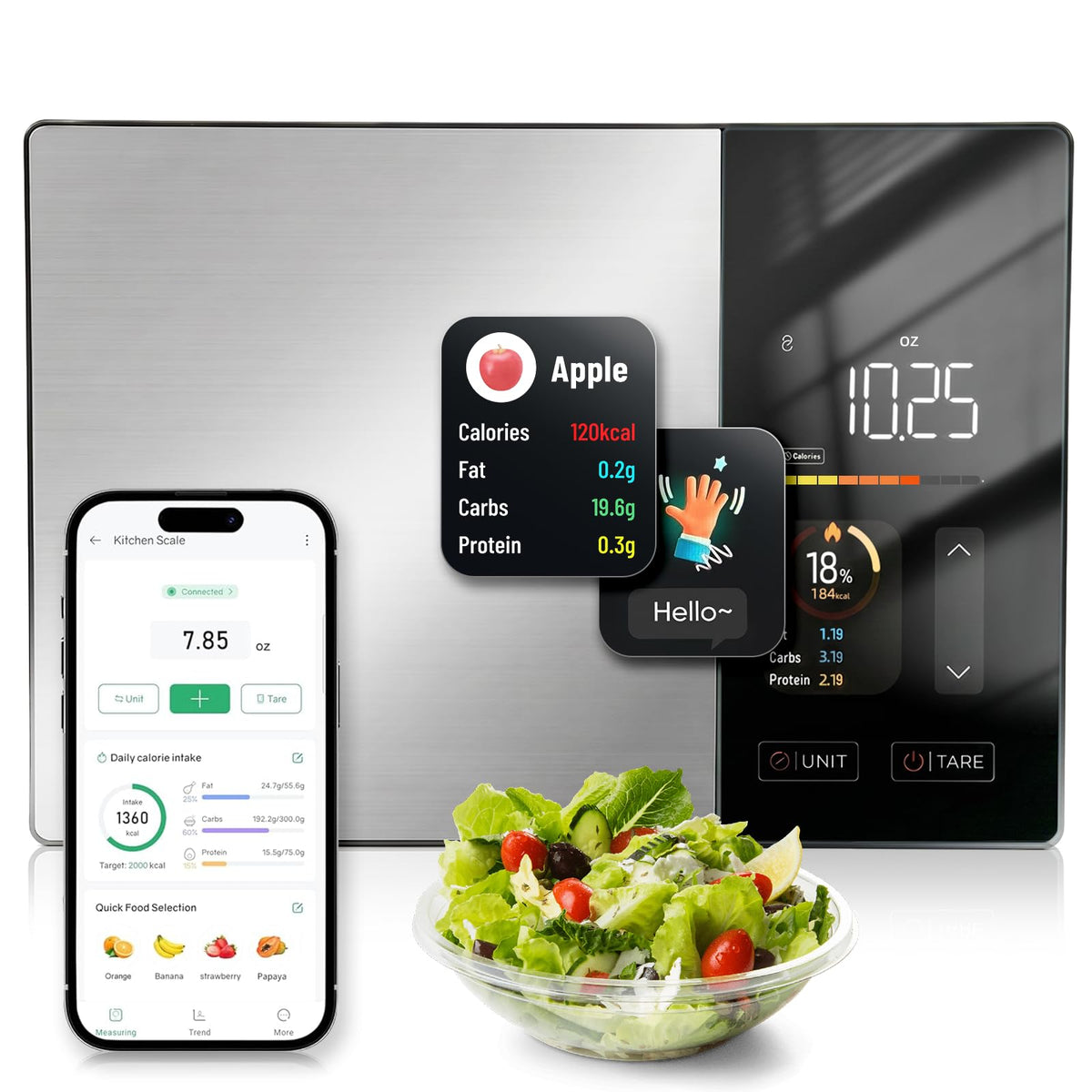 Smart Nutrition Kitchen Scale,Free APP Digital Scale Tracks Calories,Fat, Carbs,Protein,analyzes 24 nutrients,11lb max Load, gram/Ounce Conversion, Stainless Steel for Weight Loss, Baking & Meal prep.
