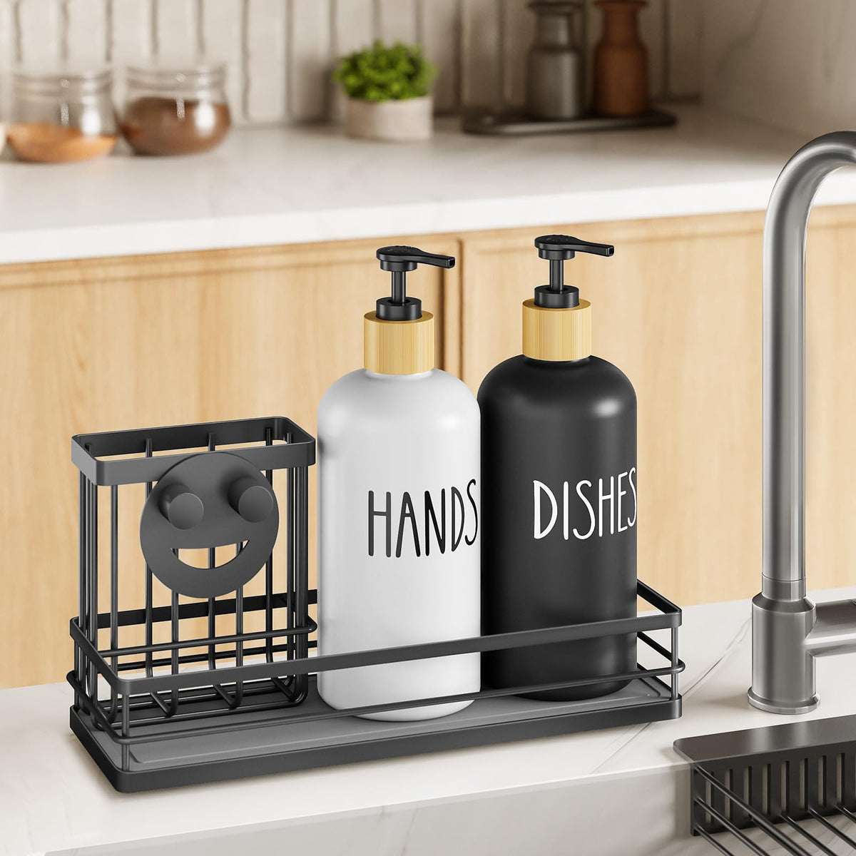 Moforoco Kitchen Dish Soap Dispenser Set, 16OZ Glass Bottle, Hand and Dish Soap Dispenser Set, Instant Dry Tray, Brush Holder with Smiley Face Sponge Holder (Black Tray+Black&White Bottle)