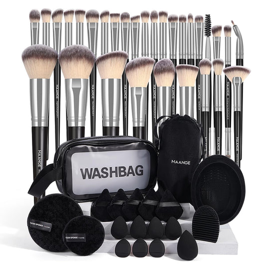 MAANGE 30pcs Professional Makeup Brush Set With Velvet Bag&5pcs Beauty Blender&2pcs Makeup Remover Puff&5pcs Triangle Powder Puff&3pcs Mini Thumb Puff&Toiletry Bag&2pcs Cleaning Mat (Blacksliver)