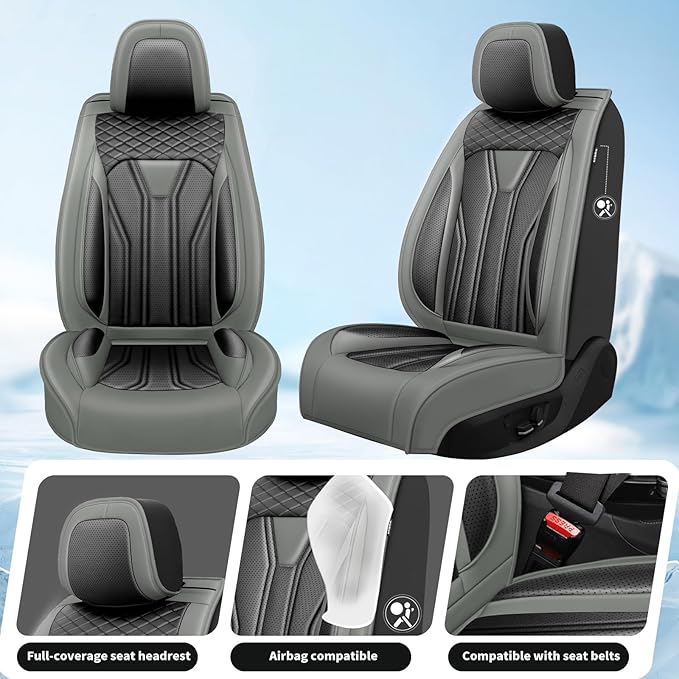 Fit Versa Car Seat Covers Compatible with Nissan Versa 2008-2025 2026 - Premium Leather， Waterproof Breathable， All-Weather Seat Cushion Protecto&Airbag Compatible (2 Front Seat Gray&Black)
