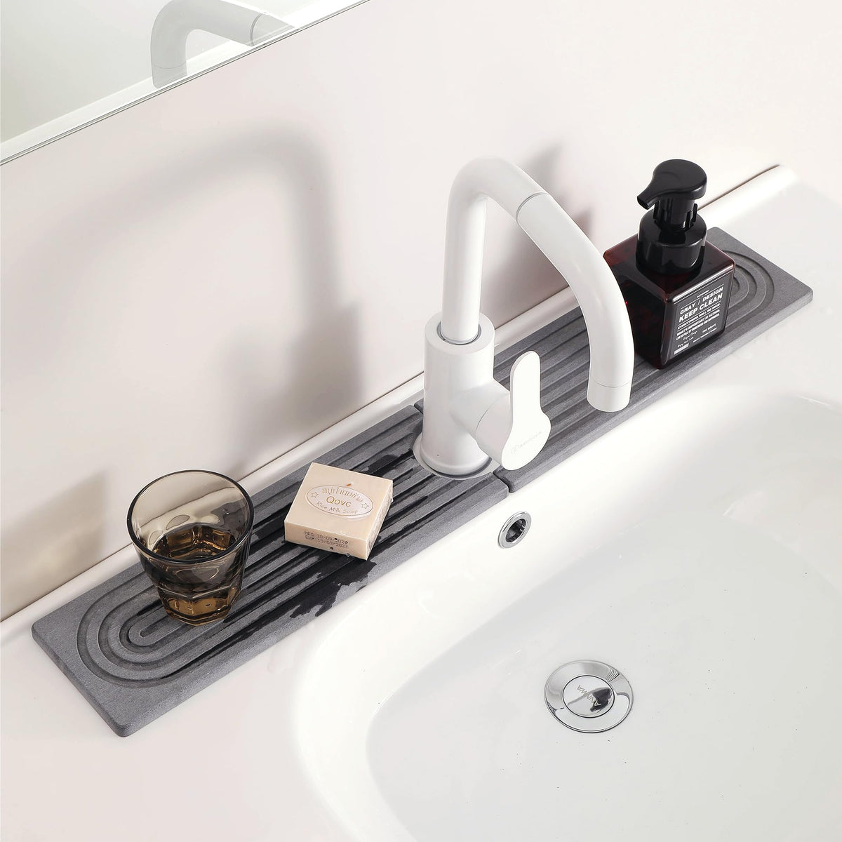 KITHOLD Diatomite Sink Splash Guard – Super Absorbent Kitchen & Bath Mat, Quick-Dry Non-Slip Drying Tray, Fits Most Faucets, Pet Bowl Mat, Vase Holder (Premium Gray, 23.6'' x 4'')
