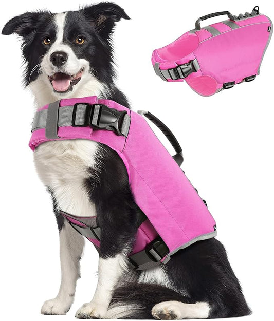 Pawaboo Dog Life Jacket, Reflective Dog Safety Vest Adjustable Pet Life Preserver with Strong Buoyancy & Sturdy Rescue Handle, Ripstop Dog Lifesaver Vests for Swimming, Boating, L, Pink