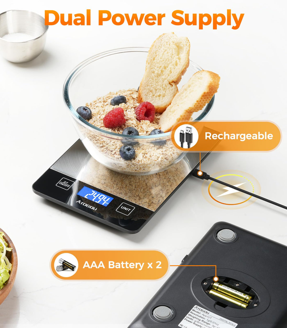 Atogou Food Scale Rechargeable - 33lb Digital Kitchen Scale Ounces Grams