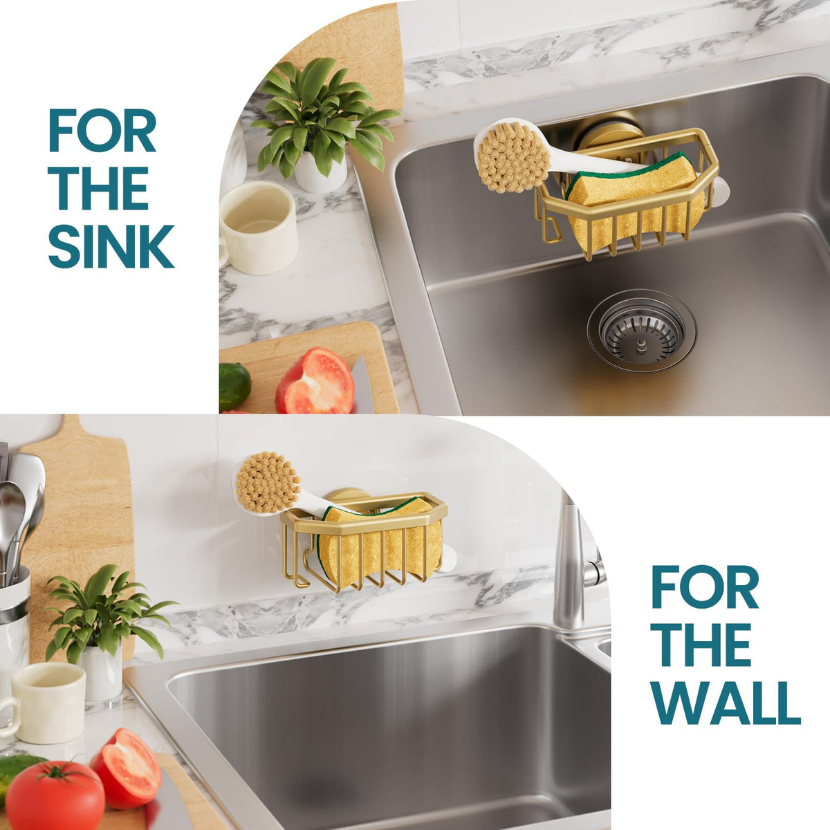 TAILI Sponge Holder for Kitchen Sink with Suction Cup-Gold, Aluminum