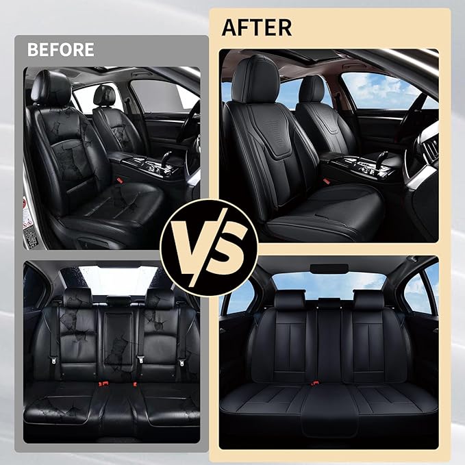 FLORICH Front Car Seat Covers, Luxury Waterproof Faux Leather Seat Covers Cushion, Black Car Seat Cover Protectors Universal Fit for Most 5 Seats Vehicles - Black