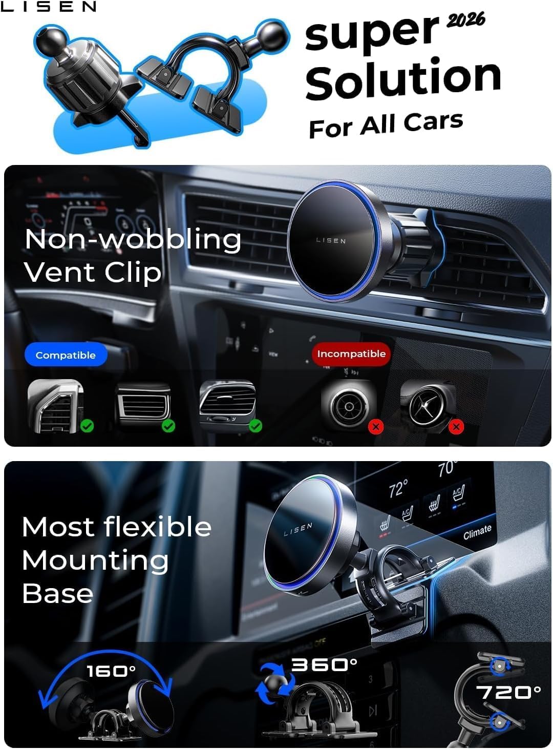 LISEN Qi2.2 25W MagSafe Car Mount Charger with Cooling Fan, Fast Charge for iPhone 18 Pro Max, Certified 3 in 1 Magnetic Wireless Car Chager for iPhone 17 16 15 Pro Max, Car Charger and Cable Included