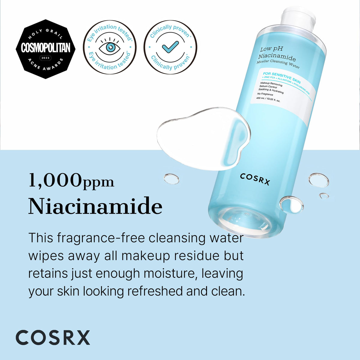 COSRX Low pH Niacinamide Cleansing Water for Sensitive Skin, 13.52 fl.oz