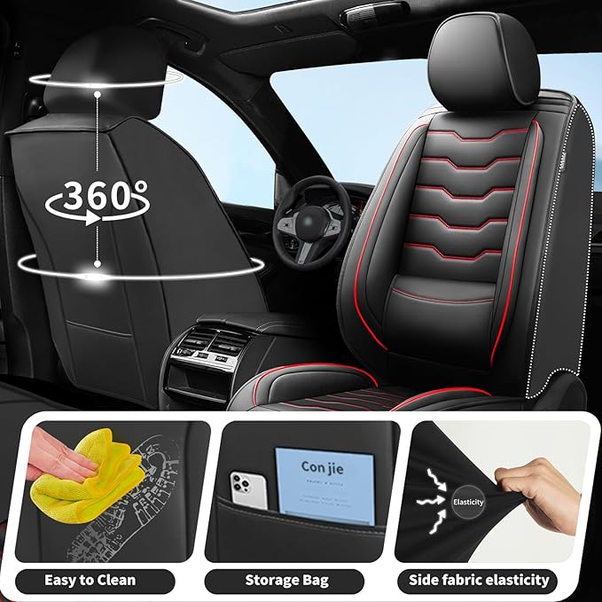 Fit Juke Car Seat Covers Compatible with Nissan Juke 2012-2015 2016 - Full Set Premium Leather， Waterproof Breathable， All-Weather Seat Cushion Protecto&Airbag Compatible（Red Line Black