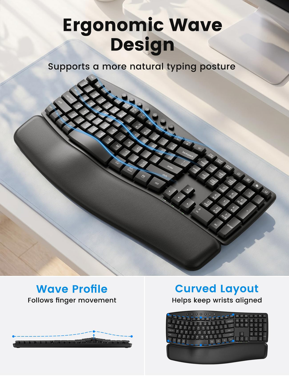 SABLUTE Wireless Keyboard and Mouse Combo, Ergonomic Wave, 30dB Quiet, MA41