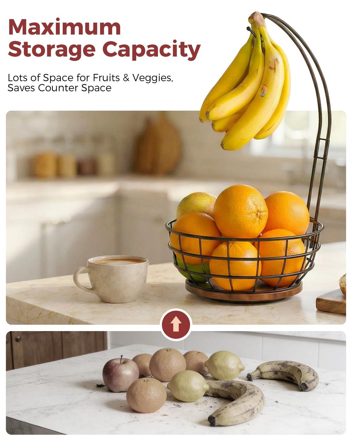 Sevenblue 360° Rotating Fruit Bowl for Kitchen Counter with Banana Holder