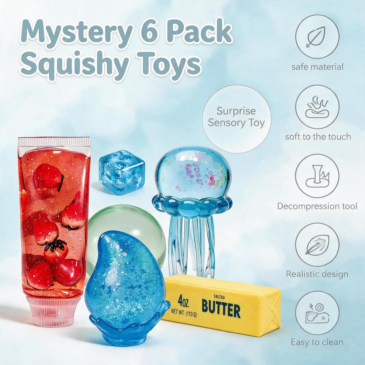 6 PCS Slow Rising Squishy Toy Set,Sensory Stress-Relief Soft Silicone Toys,Anxiety Relief,Soft and Bouncy Stress-Relief Squeeze Toys,Cute Soft Silicone Toys Set,Party Favors