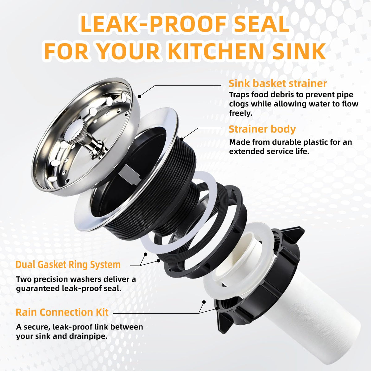 Kitchen Sink Drain Assembly, Basket Strainer with Knob, 3-1/2 Inch Sink Drain Stopper Plug, Threaded Plastic Sink Strainer Tailpiece 1-1/2 in