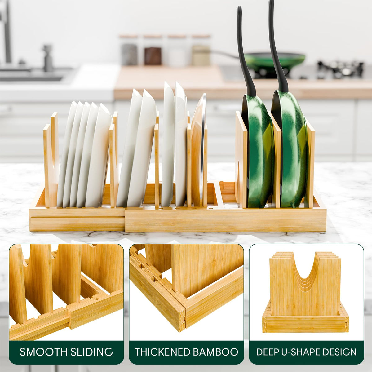 Simple Trending Bamboo Pot and Pan Organizer, Expandable Lid Holder Rack